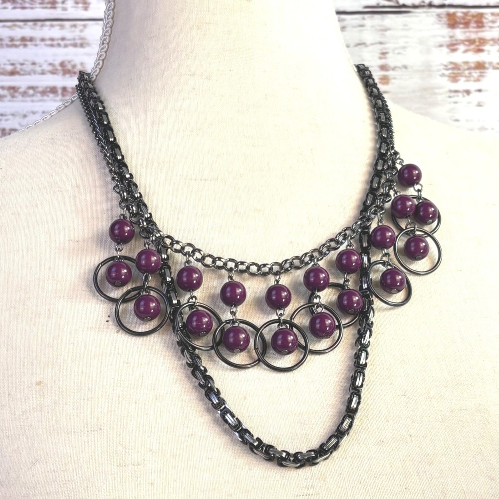 Goth Grunge Vintage Bib Necklace Set Purple Gunmetal Metal Beads Witchy Alt